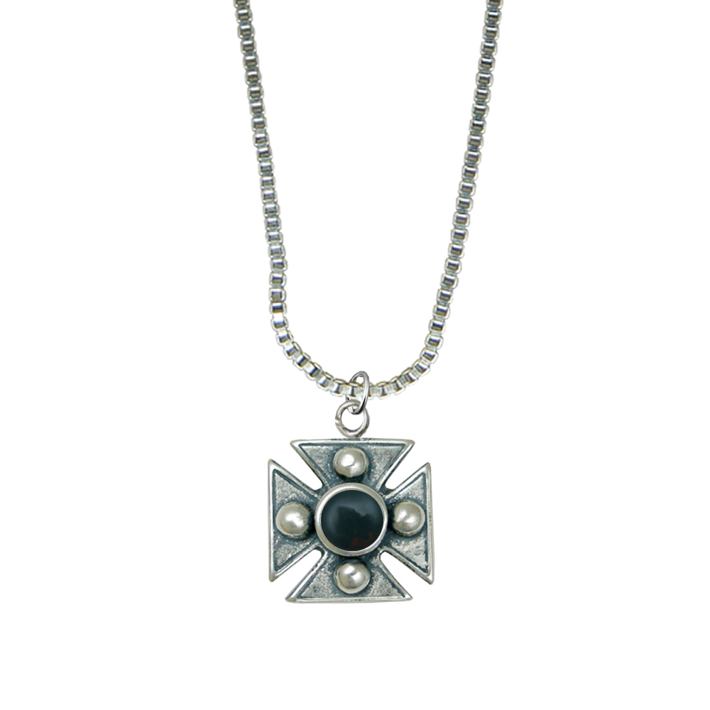 Sterling Silver Little Bloodstone Cross Pendant Necklace